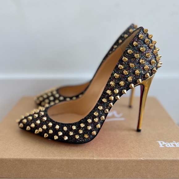 Christian Louboutin Follies Spikes 100mm Glitter Resille/Spec, Size EU 34 - Picture 2 of 11